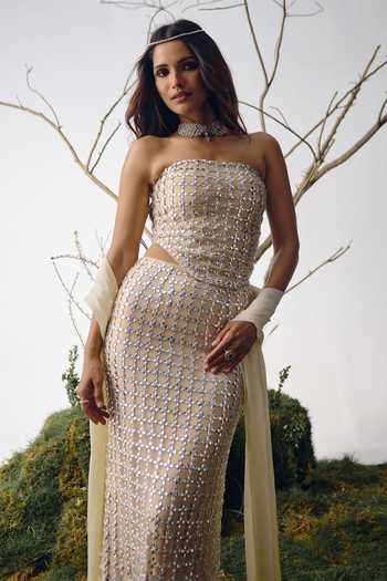 House of Arshiyaa_Ivory Net, Chiffon Bandeau Neck Stone Embroidered Slit Skirt Set _Online_at_Aza_Fashions