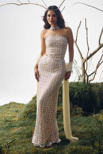 Buy_House of Arshiyaa_Ivory Net, Chiffon Bandeau Neck Stone Embroidered Slit Skirt Set _at_Aza_Fashions