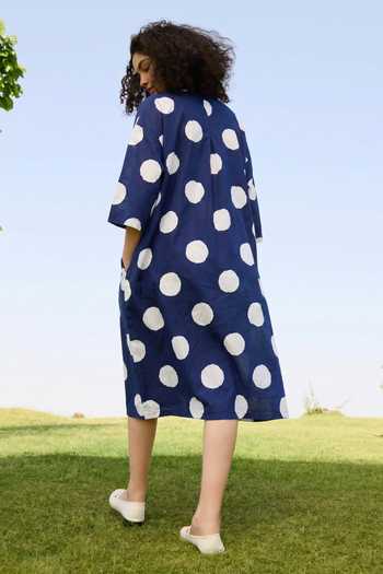 Shop_Raas Life_Blue Cotton, Linen V-neck Marie Polka Dot Dress _at_Aza_Fashions