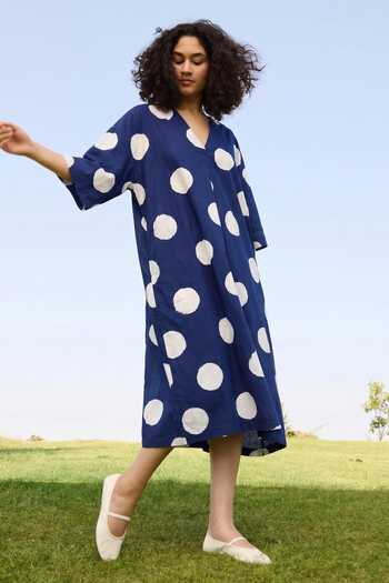Raas Life_Blue Cotton, Linen V-neck Marie Polka Dot Dress _Online_at_Aza_Fashions