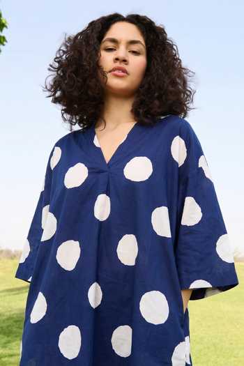 Buy_Raas Life_Blue Cotton, Linen V-neck Marie Polka Dot Dress _Online_at_Aza_Fashions