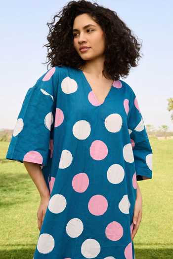 Raas Life_Green Cotton, Linen V-neck Marie Polka Dot Dress _Online_at_Aza_Fashions