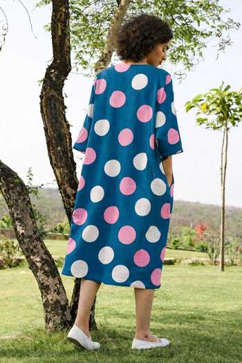 Shop_Raas Life_Green Cotton, Linen V-neck Marie Polka Dot Dress _at_Aza_Fashions