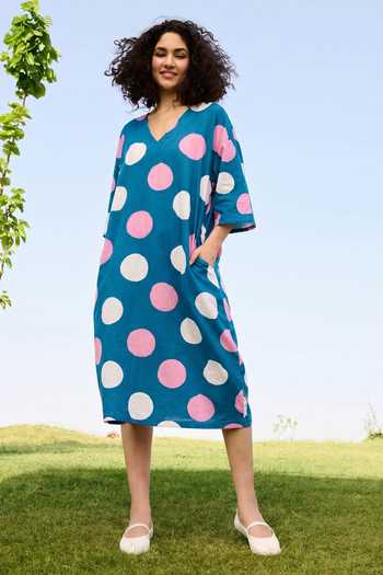 Buy_Raas Life_Green Cotton, Linen V-neck Marie Polka Dot Dress _Online_at_Aza_Fashions