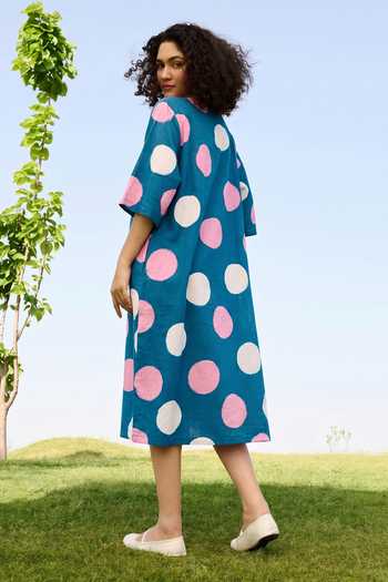 Shop_Raas Life_Green Cotton, Linen V-neck Marie Polka Dot Dress _Online_at_Aza_Fashions