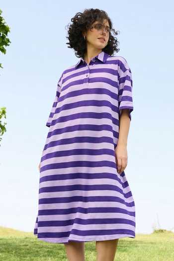 Raas Life_Purple Cotton, Linen Polo Collar Madame Striped Dress _Online_at_Aza_Fashions