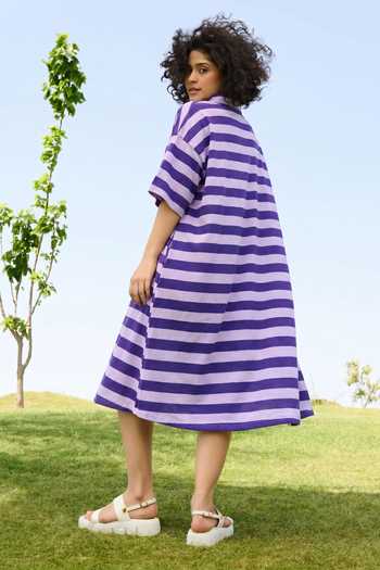 Shop_Raas Life_Purple Cotton, Linen Polo Collar Madame Striped Dress _at_Aza_Fashions