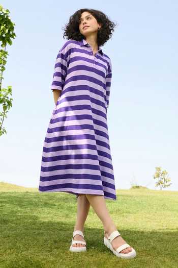 Buy_Raas Life_Purple Cotton, Linen Polo Collar Madame Striped Dress _Online_at_Aza_Fashions