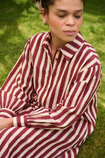Raas Life_Cream Cotton, Linen Collared Neck Jasmine Striped Tunic _Online_at_Aza_Fashions