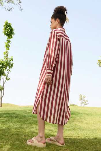 Shop_Raas Life_Cream Cotton, Linen Collared Neck Jasmine Striped Tunic _at_Aza_Fashions
