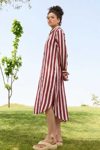 Buy_Raas Life_Cream Cotton, Linen Collared Neck Jasmine Striped Tunic _Online_at_Aza_Fashions