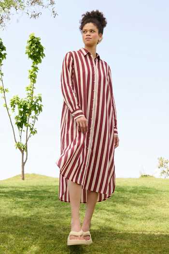 Buy_Raas Life_Cream Cotton, Linen Collared Neck Jasmine Striped Tunic _at_Aza_Fashions