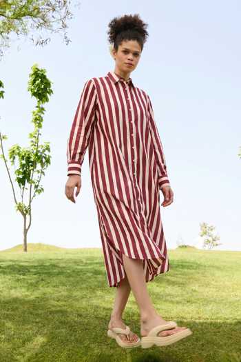 Shop_Raas Life_Cream Cotton, Linen Collared Neck Jasmine Striped Tunic _Online_at_Aza_Fashions