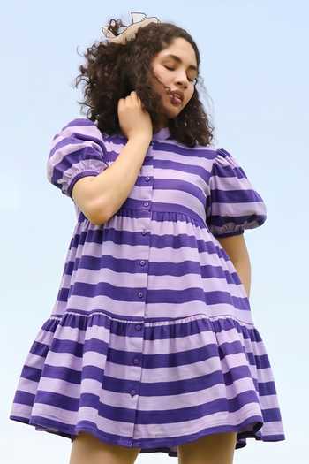 Raas Life_Purple Linen, Cotton Button-down Neck Layla Striped Dress _Online_at_Aza_Fashions