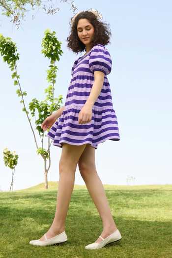 Buy_Raas Life_Purple Linen, Cotton Button-down Neck Layla Striped Dress _Online_at_Aza_Fashions