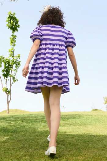 Shop_Raas Life_Purple Linen, Cotton Button-down Neck Layla Striped Dress _at_Aza_Fashions