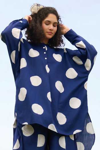 Raas Life_Blue Linen, Cotton Round Neck Salvia Polka Dot Pattern Tunic And Pant Set _Online_at_Aza_Fashions