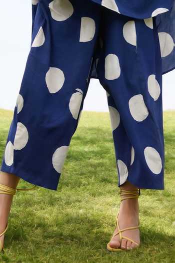 Buy_Raas Life_Blue Linen, Cotton Round Neck Salvia Polka Dot Pattern Tunic And Pant Set _Online_at_Aza_Fashions