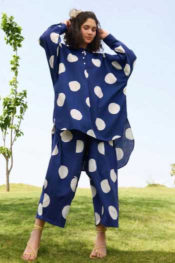 Buy_Raas Life_Blue Linen, Cotton Round Neck Salvia Polka Dot Pattern Tunic And Pant Set _at_Aza_Fashions