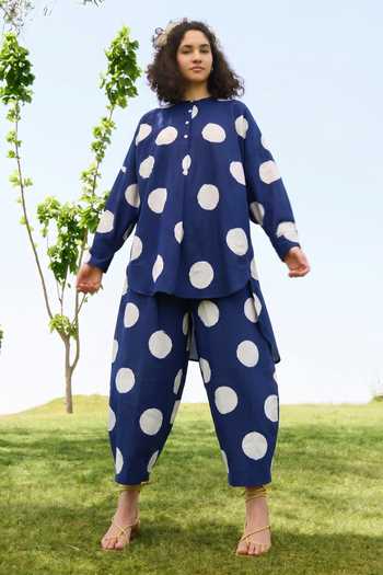 Shop_Raas Life_Blue Linen, Cotton Round Neck Salvia Polka Dot Pattern Tunic And Pant Set _Online_at_Aza_Fashions