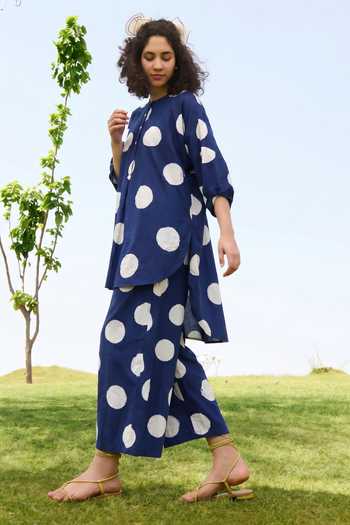 Raas Life_Blue Linen, Cotton Round Neck Salvia Polka Dot Pattern Tunic And Pant Set _at_Aza_Fashions
