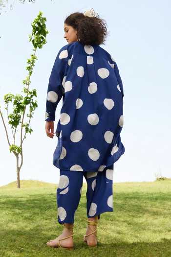 Shop_Raas Life_Blue Linen, Cotton Round Neck Salvia Polka Dot Pattern Tunic And Pant Set _at_Aza_Fashions