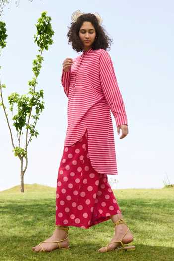 Raas Life_Pink Cotton, Linen Mandarin Collar Salvia Tunic And Pant Set _Online_at_Aza_Fashions