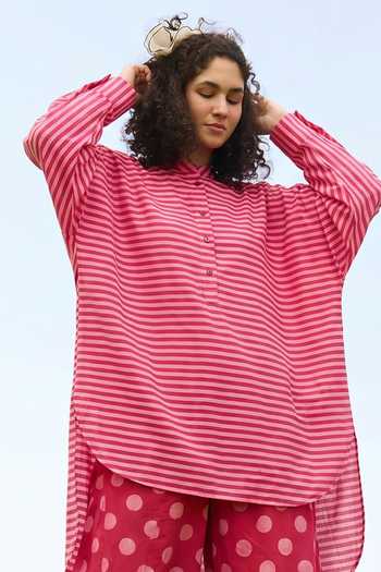 Buy_Raas Life_Pink Cotton, Linen Mandarin Collar Salvia Tunic And Pant Set _Online_at_Aza_Fashions