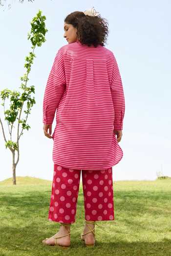 Shop_Raas Life_Pink Cotton, Linen Mandarin Collar Salvia Tunic And Pant Set _at_Aza_Fashions