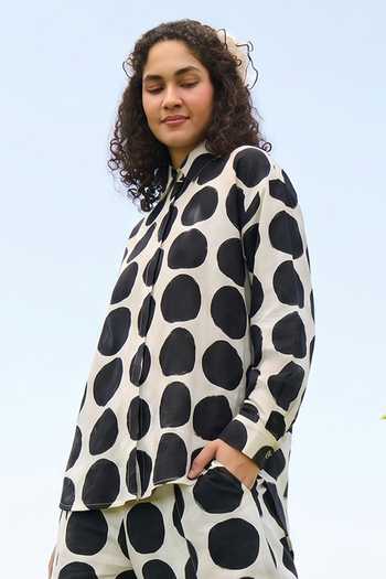 Raas Life_Black Cotton, Linen Button-down Neck Marigold Polka Dot Shirt And Pant Set _Online_at_Aza_Fashions