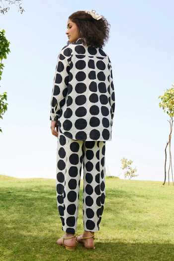 Shop_Raas Life_Black Cotton, Linen Button-down Neck Marigold Polka Dot Shirt And Pant Set _at_Aza_Fashions