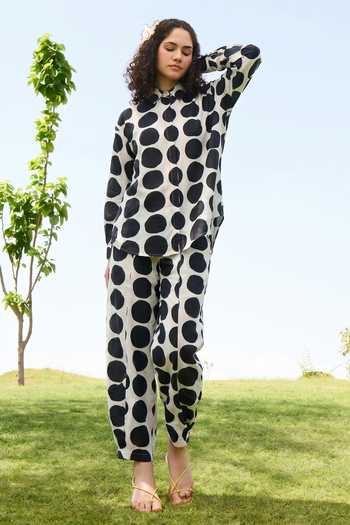Buy_Raas Life_Black Cotton, Linen Button-down Neck Marigold Polka Dot Shirt And Pant Set _Online_at_Aza_Fashions