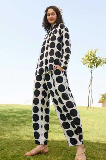 Shop_Raas Life_Black Cotton, Linen Button-down Neck Marigold Polka Dot Shirt And Pant Set _Online_at_Aza_Fashions