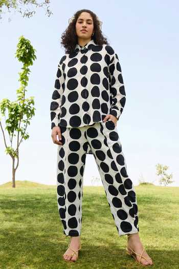 Buy_Raas Life_Black Cotton, Linen Button-down Neck Marigold Polka Dot Shirt And Pant Set _at_Aza_Fashions
