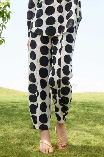 Raas Life_Black Cotton, Linen Button-down Neck Marigold Polka Dot Shirt And Pant Set _at_Aza_Fashions