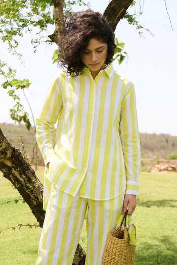 Raas Life_Yellow Cotton, Linen Button-down Neck Marigold Striped Shirt Pant Set _Online_at_Aza_Fashions