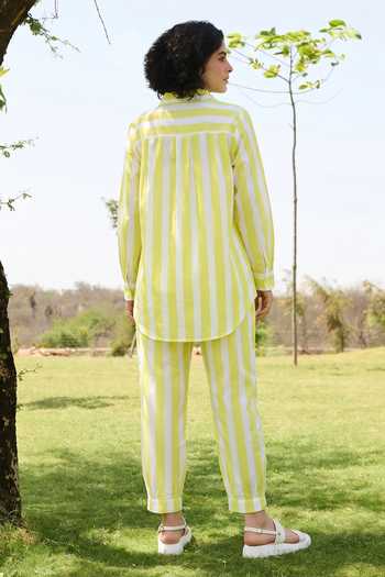 Shop_Raas Life_Yellow Cotton, Linen Button-down Neck Marigold Striped Shirt Pant Set _at_Aza_Fashions