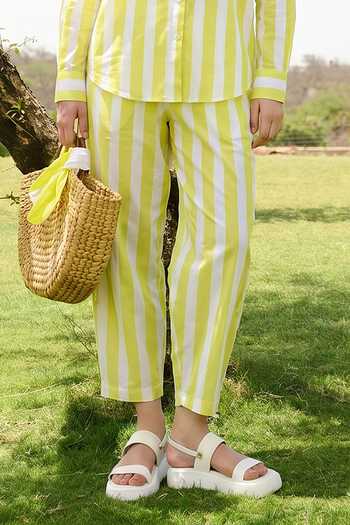 Buy_Raas Life_Yellow Cotton, Linen Button-down Neck Marigold Striped Shirt Pant Set _Online_at_Aza_Fashions