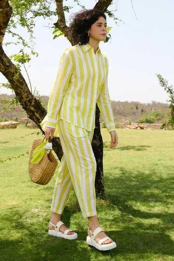 Shop_Raas Life_Yellow Cotton, Linen Button-down Neck Marigold Striped Shirt Pant Set _Online_at_Aza_Fashions