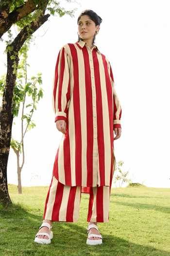 Buy_Raas Life_Red Cotton, Linen Collared Neck Iris Striped Tunic Pant Set _at_Aza_Fashions