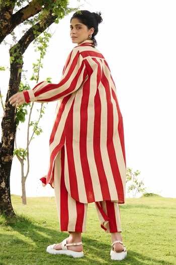 Shop_Raas Life_Red Cotton, Linen Collared Neck Iris Striped Tunic Pant Set _at_Aza_Fashions