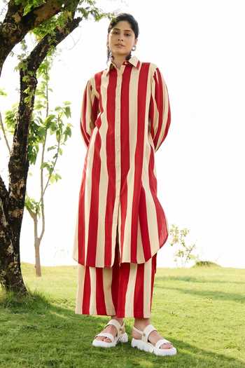 Raas Life_Red Cotton, Linen Collared Neck Iris Striped Tunic Pant Set _Online_at_Aza_Fashions