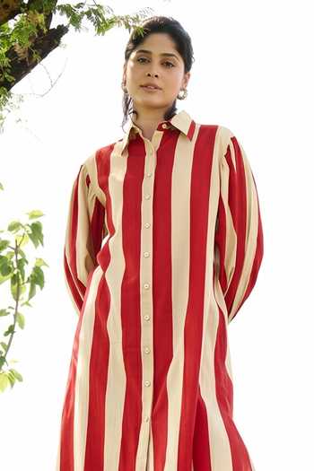 Buy_Raas Life_Red Cotton, Linen Collared Neck Iris Striped Tunic Pant Set _Online_at_Aza_Fashions