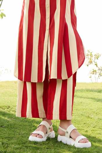 Shop_Raas Life_Red Cotton, Linen Collared Neck Iris Striped Tunic Pant Set _Online_at_Aza_Fashions