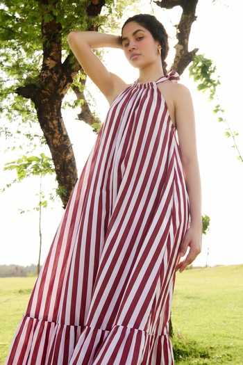 Buy_Raas Life_Red Cotton, Linen Halter Neck Birds Of Paradise Striped Dress _Online_at_Aza_Fashions