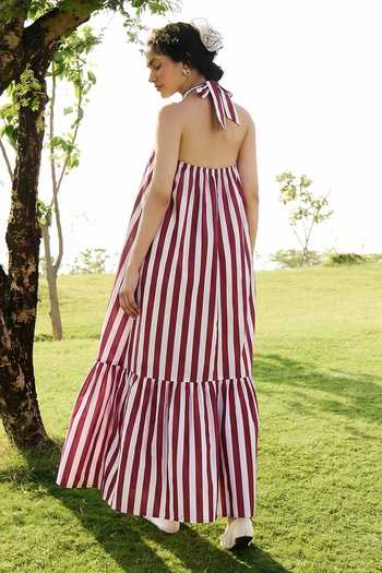 Shop_Raas Life_Red Cotton, Linen Halter Neck Birds Of Paradise Striped Dress _at_Aza_Fashions