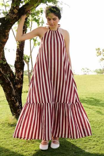 Buy_Raas Life_Red Cotton, Linen Halter Neck Birds Of Paradise Striped Dress _at_Aza_Fashions