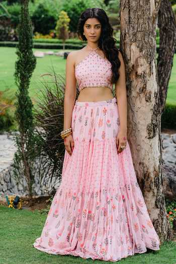 Buy_Redpine Designs_Pink Silk, Georgette Floral Print Embroidered Crop Top And Flared Skirt Set _at_Aza_Fashions