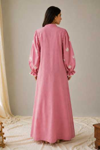Shop_Wazir C_Pink Linen Mandarin Collar Sehar Kashmiri Aari Embroidered Dress _at_Aza_Fashions