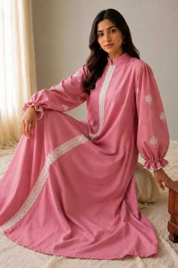 Wazir C_Pink Linen Mandarin Collar Sehar Kashmiri Aari Embroidered Dress _Online_at_Aza_Fashions